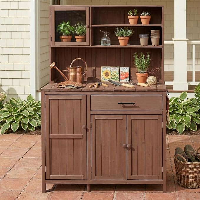Potting Bench with Hutch, Large Countertop, Patio Kitchen Island with - Image 2