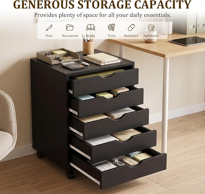 5 Drawer File Cabinet with Wheels, Under Desk Storage Drawers, Office - Image 5