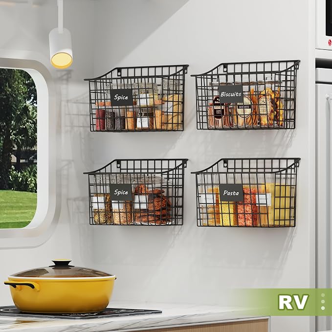 Wall Basket with Label Plate & 5 S-Hooks –4 Pack Hanging Wire Basket - Image 9
