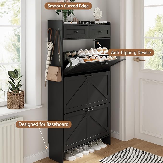 Shoe Cabinet with 3 Flip Drawers & 2 Top Drawers, Hidden Slim Shoe Rack - Image 5