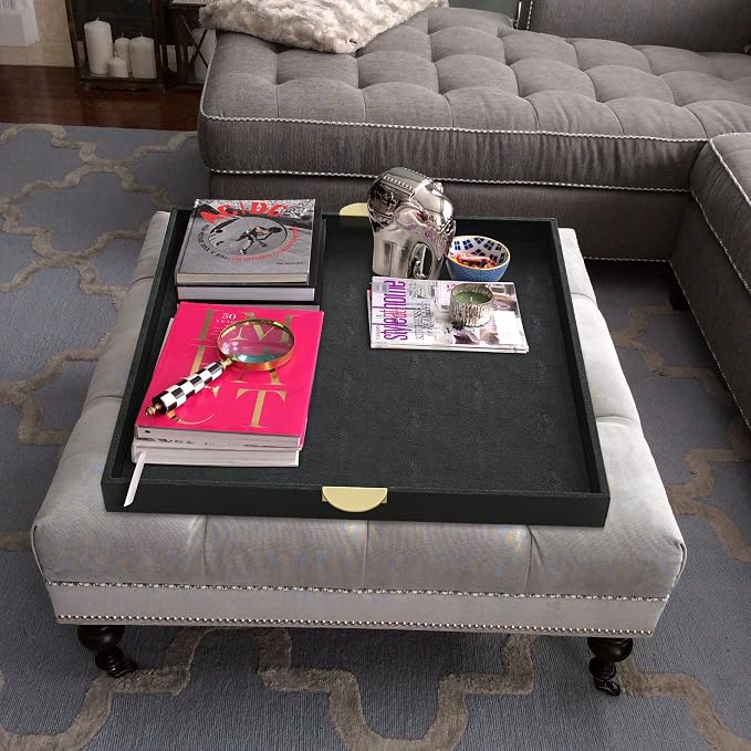 HofferRuffer Extra Large Square Serving Tray, Elegant Faux Leather Ottoman Tray - Image 7