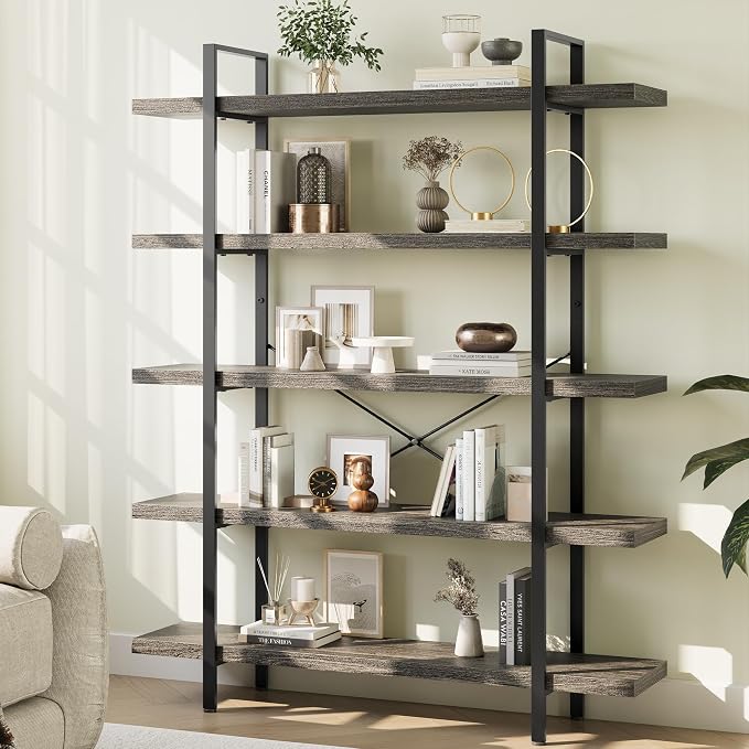 Heavy Duty 5-Tier Industrial Bookcase, 120lbs Shelf Capacity, Rustic Shelving by OtterOasis