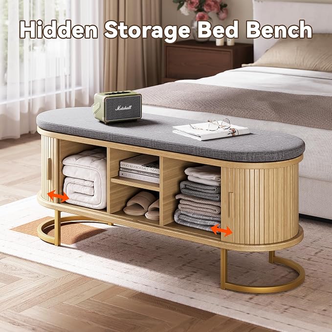 Decofy Shoe Storage Bench with Cushion and Sliding Doors, 47.2 Inch Shoe Bench - Image 5