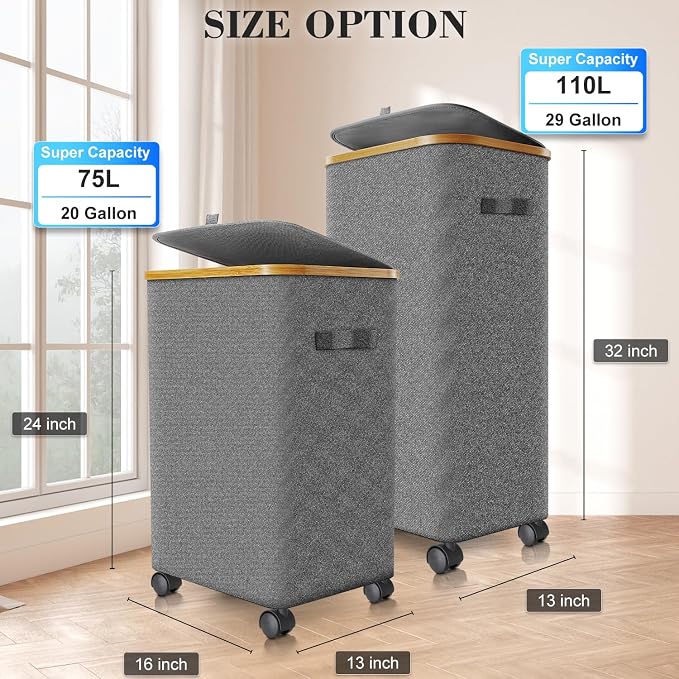Laundry Hamper with Wheels, 20 Gal Laundry Basket with lid Rolling Clothes - Image 2