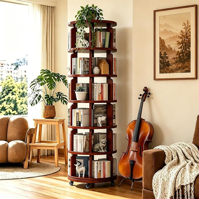 6 Tier 360° Rotating Solid Wood Bookshelf by Azlafu