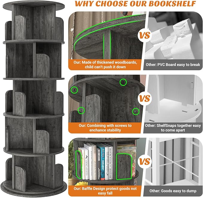 Aheaplus 5 Tier Rotating Bookshelf, Wood Spinning Bookshelf Tower, Round - Image 6