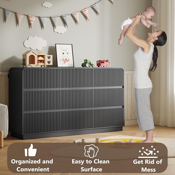 Dresser for Bedroom with 9 Drawers, Fluted Chest of Drawers with Round Curved - Image 5