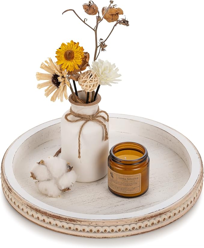 Hanobe Decorative Tray for Coffee Table: 10.5-Inch Round Whitewashed Wood Tray by Hanobe