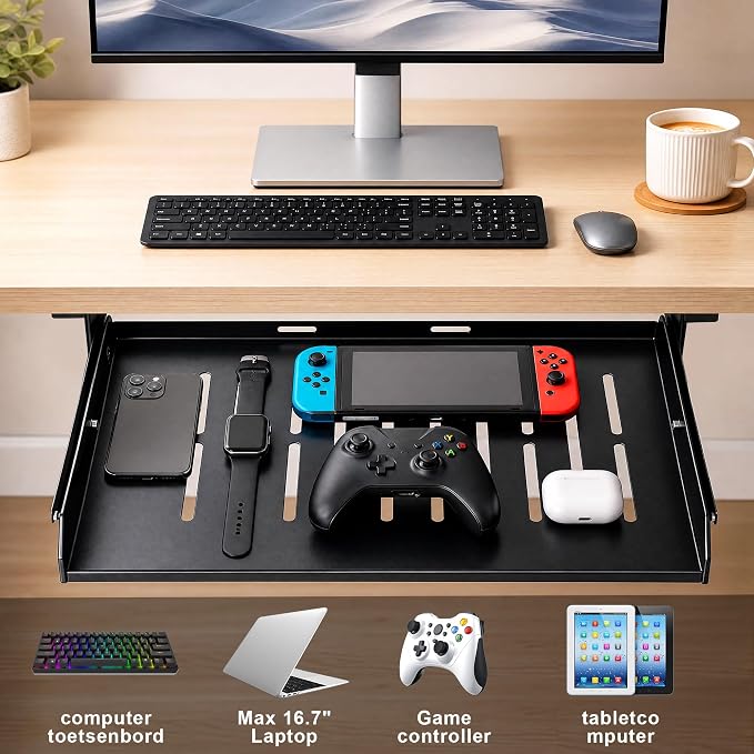 Under Desk Laptop Drawer with Air Vents, 16.3" x 12" Metal Pull Out Sliding - Image 3
