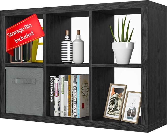 Bookshelf with Storage Bin, 6-Cube Storage Organizer, Modern Wood Open Bookcase by furtble