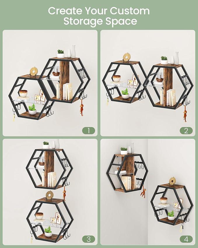 Hexagon Floating Shelves Set of 2, Glass Hanging Shelves - Image 4