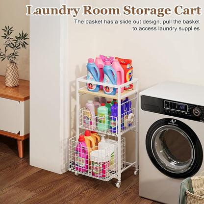 3 Tier Laundry Room Cart with Pull-Out Baskets, Utility Cart Rolling Storage - Image 5