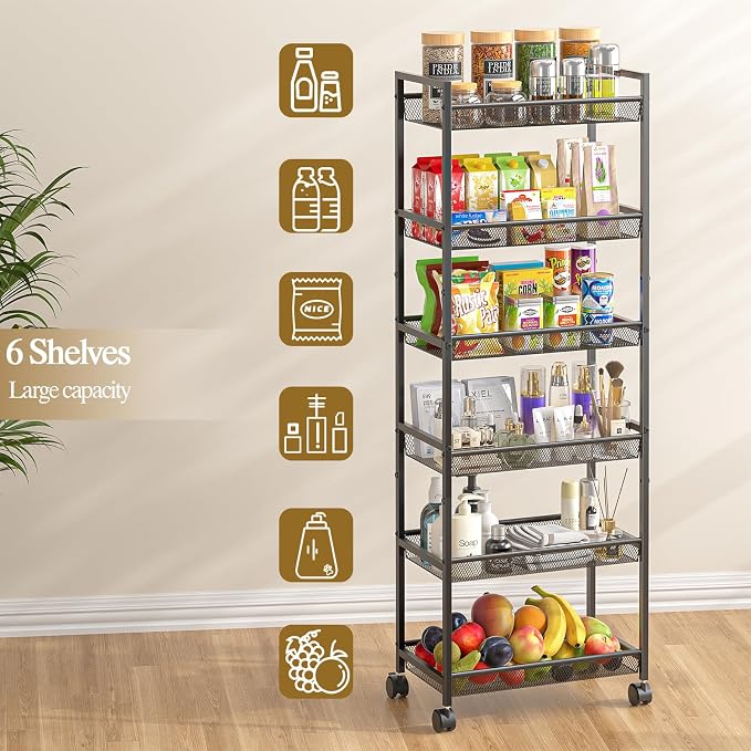 6 Tier Slim Rolling Storage Cart, Narrow Mobile Shelving Unit Organizer Utility - Image 6