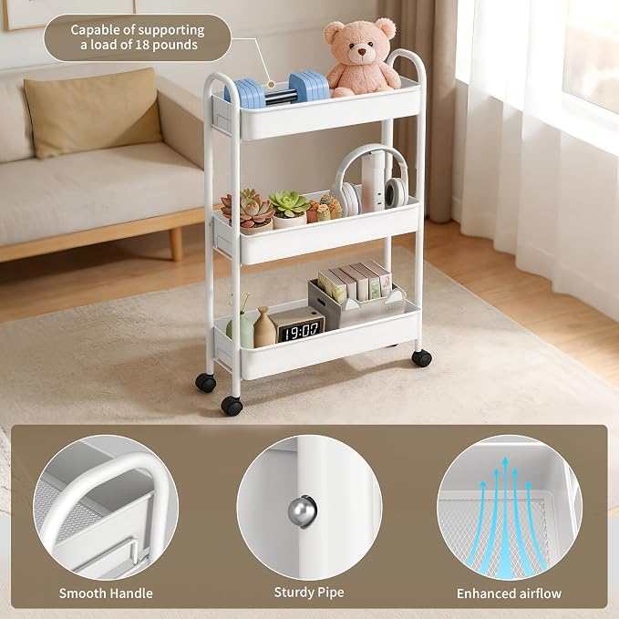Slim Rolling Cart, Metal Frame Utility Rolling 3-Tier Narrow Storage Cart | - Image 7
