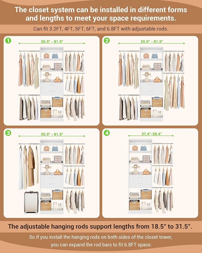 Besiost Small Closet System 3.2-6.8FT Closet Organizer - Image 2