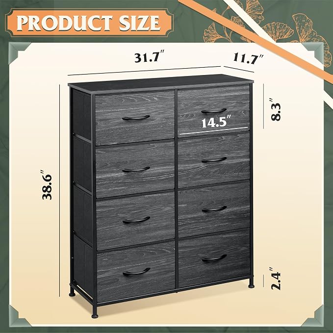WLIVE 8 Drawer Fabric Dresser for Bedroom, Tall Storage Tower, Charcoal | Black - Image 3