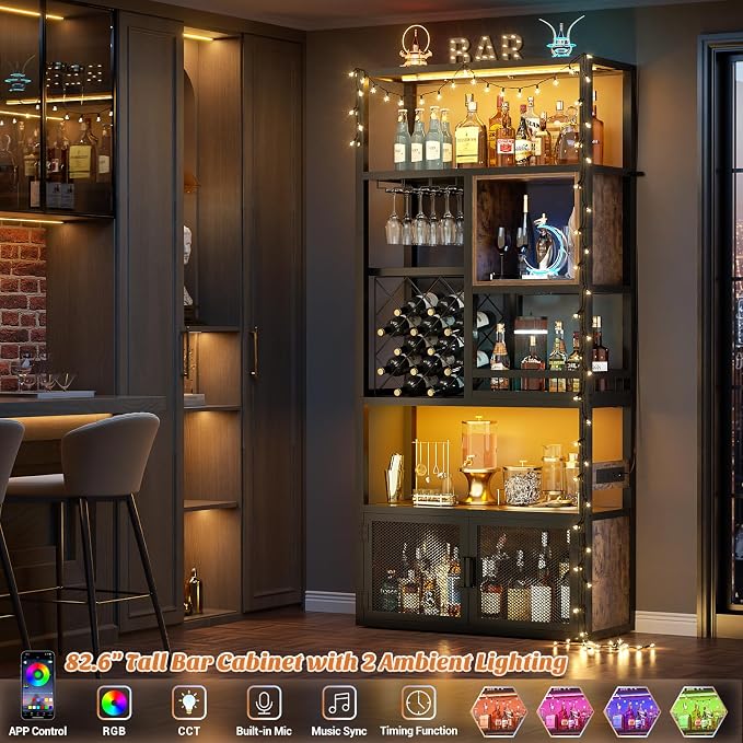 82.6" Tall Bar Cabinet with Power Outlets, 6-Tiers Reversible Wine Cabinet with - Image 4
