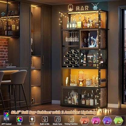 82.6" Tall Bar Cabinet with Power Outlets, 6-Tiers Reversible Wine Cabinet with - Image 4