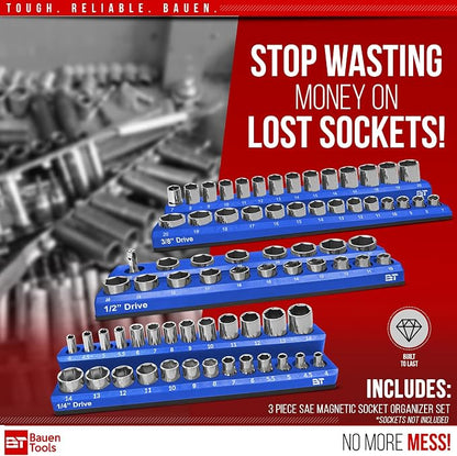 Magnetic Socket Organizer Set -3 Piece Metric Magnetic Socket Holder Set Blue - Image 3