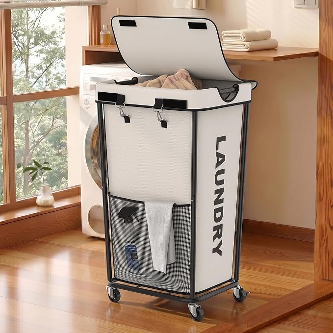 Laundry Hamper with Wheels and Lid, 110L Heavy Duty Rolling Laundry Basket by OLLDIDE