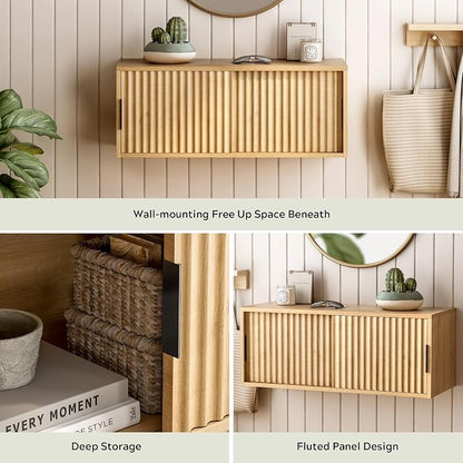Fluted Wall Cabinet with Sliding Doors, Modern Large Floating Nightstand - Image 2