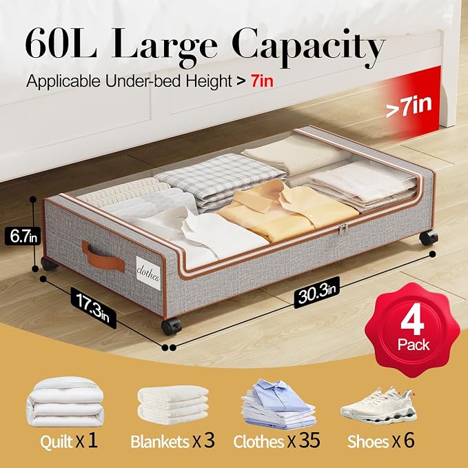 Yecaye Under Bed Storage with Wheels, 4 Pack Under the Bed Storage Containers - Image 2