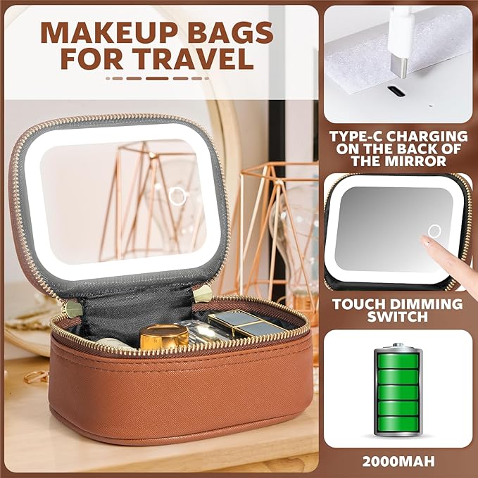 Small Makeup Bag with Led Mirror, Mini Travel Make up Bag 3 Light Modes - Image 3