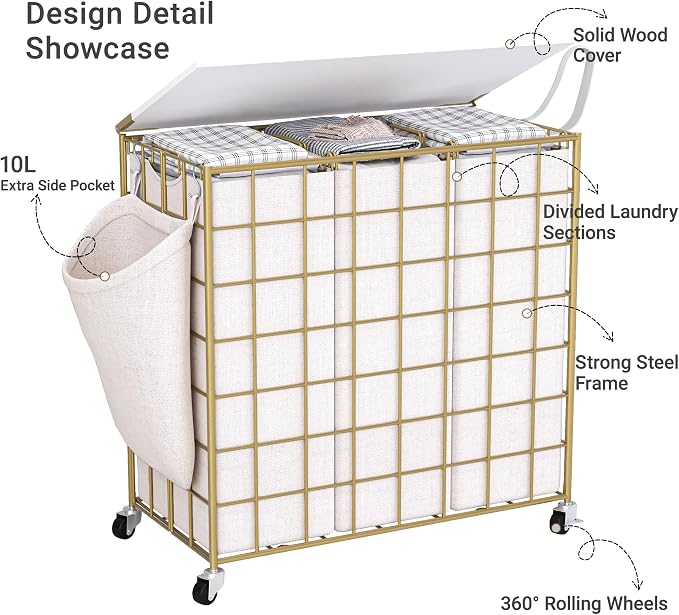 Laundry Basket with Wheels, Heavy Duty Laundry Sorter 3 Sections, 140L Large - Image 5