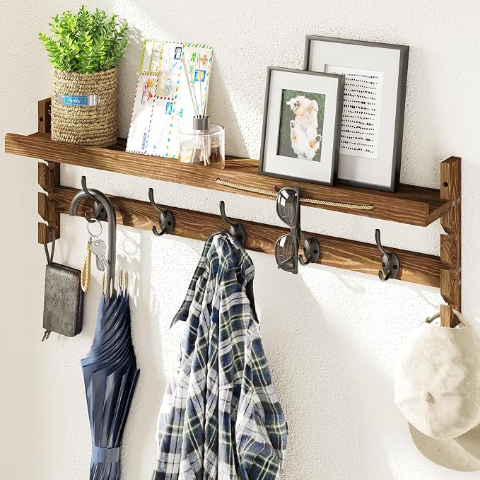 AMBIRD Wall Hooks with Shelf 28.9inch Entryway Wall Hanging Shelf, Wood Coat by AMBIRD