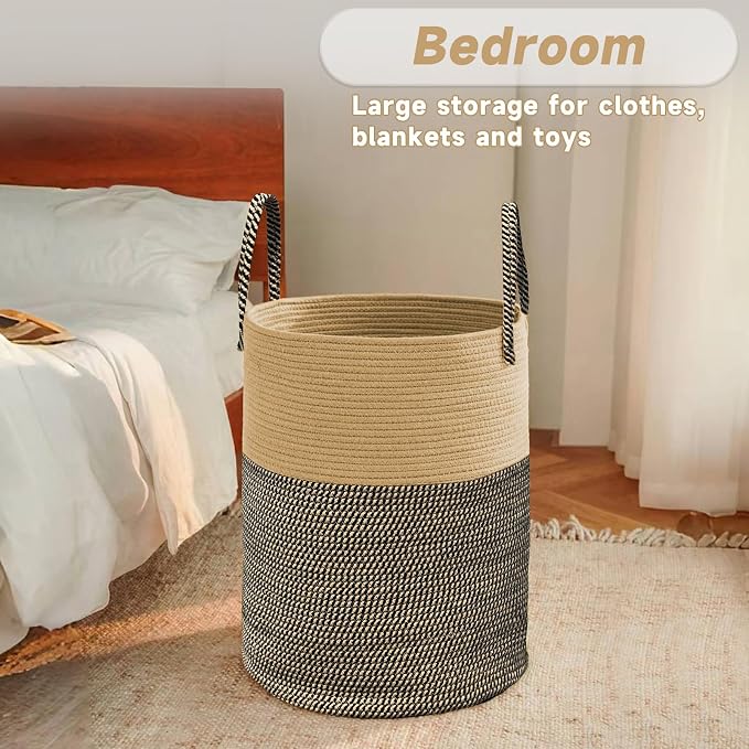 Large Woven Laundry Basket Hamper, 60L Cotton Rope Storage Bin - Image 4