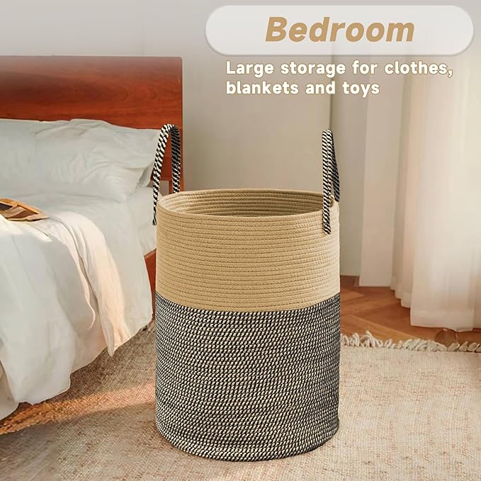 Large Woven Laundry Basket Hamper, 100L Cotton Rope Storage Bin - Image 4