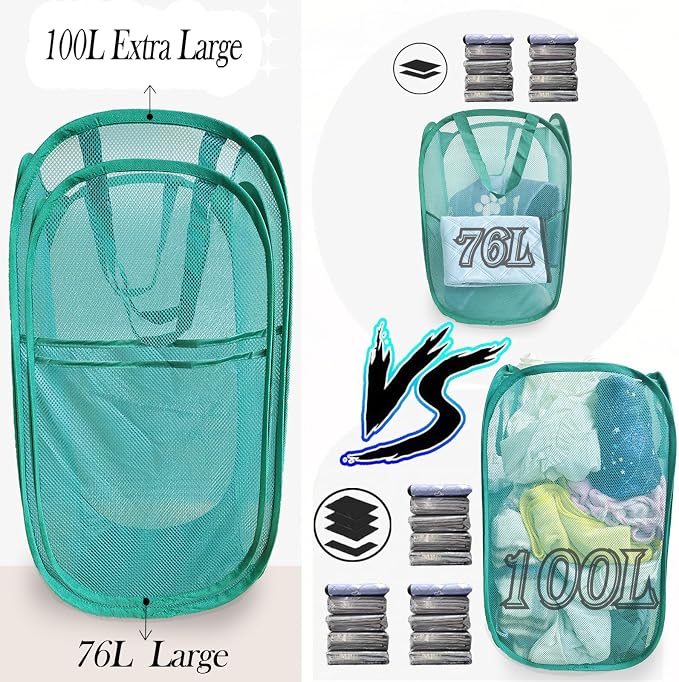 Upgraded Extra Large Mesh Pop Up Laundry Hamper 2 Pack, 100L Foldable Laundry - Image 3