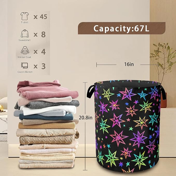 Laundry Hamper, Bright Neon Stars Laundry Basket, Waterproof Oxford Cloth - Image 3