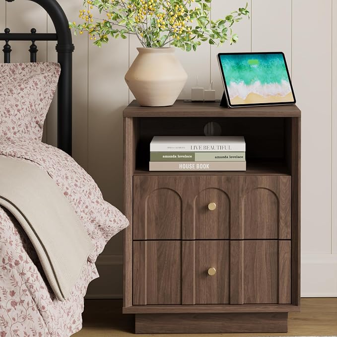 Nightstand with Charging Station, Mid Century Modern Nightstand with Arched - Image 8