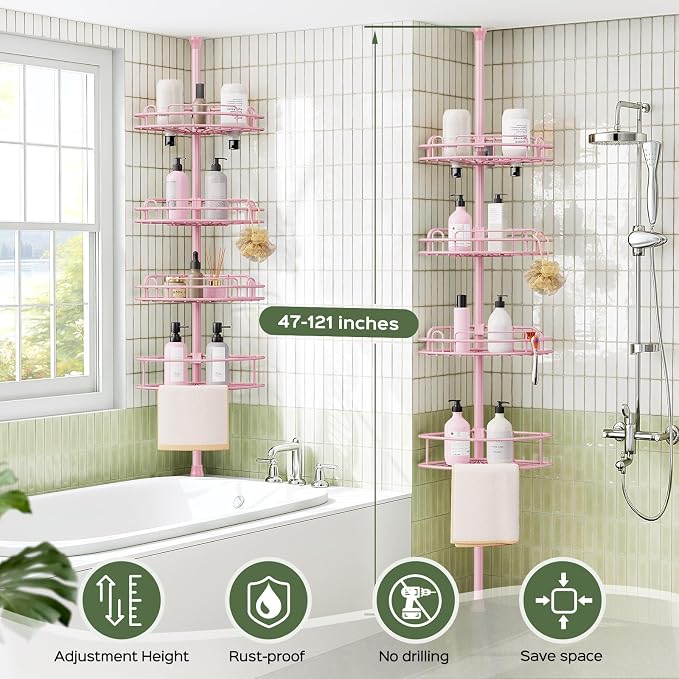 HAMITOR Corner Shower Caddy Tension Pole: 4-Tier Rust-Resistant Adjustable - Image 7