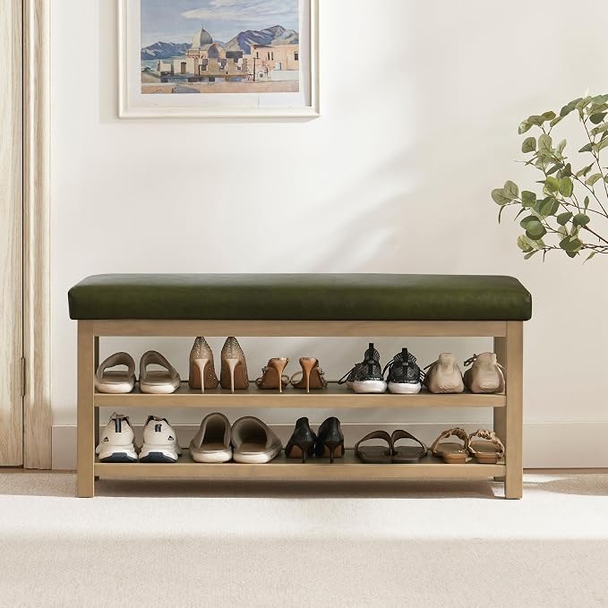 Zihanhome Shoe Rack Bench with Leather Cushion, 2 Tier Solid Wood Storage Bench by Zihanhome