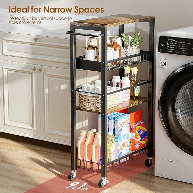 Slim Rolling Storage Cart, 4 Tier Narrow Storage Cart, 9.1in | Metal Kitchen - Image 2