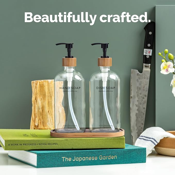 Vine Creations Clear Glass Soap Dispenser Set, Hand Soap and Dish Soap - Image 2