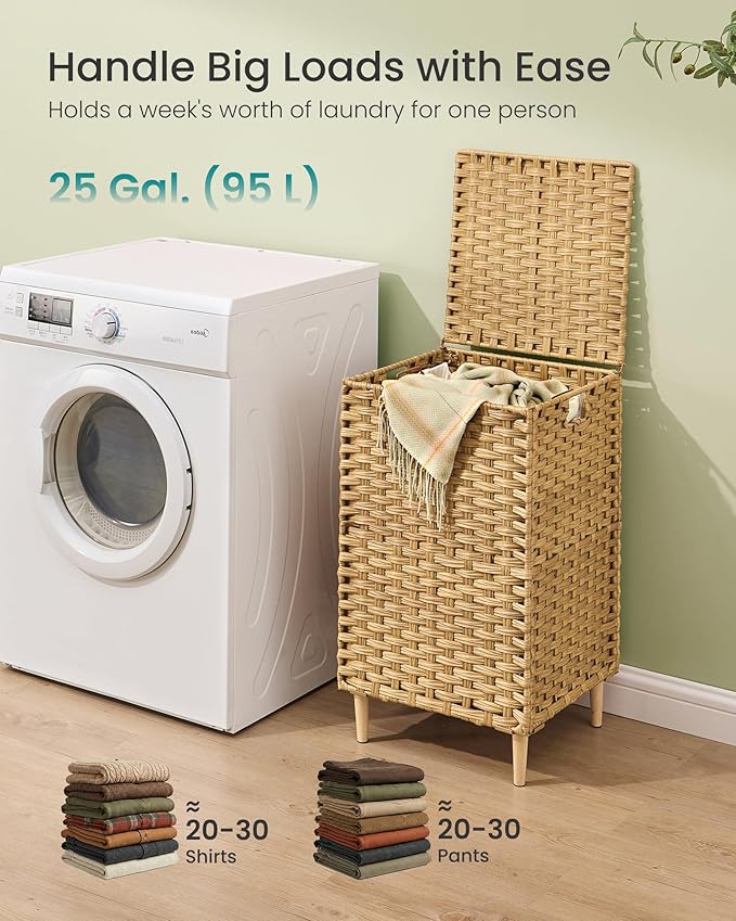 SONGMICS Laundry Hamper with Lid, 25 Gal PE Rattan Laundry Basket with - Image 3