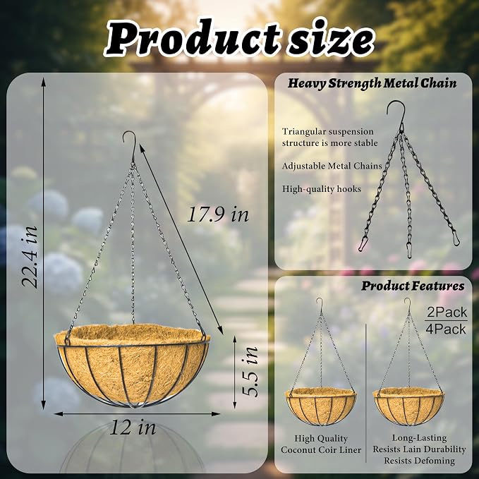 4 Pack 12 Inch Brown Outdoor Metal Hanging Planter Basket Hanging Planters - Image 5