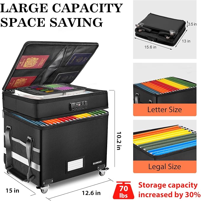 File Box with Lock, Fireproof Document Box with Wheels | Collapsible File - Image 3