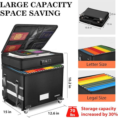 File Box with Lock, Fireproof Document Box with Wheels | Collapsible File - Image 3