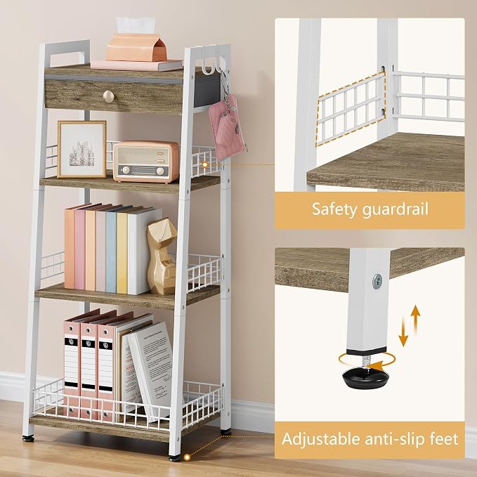 4-Tier Ladder Shelf with Drawer, Bathroom Stand Floor Storage Shelf, - Image 4