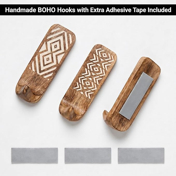 IndianShelf 3 Boho Wood Adhesive Wall Hooks Peel Stick - Image 6