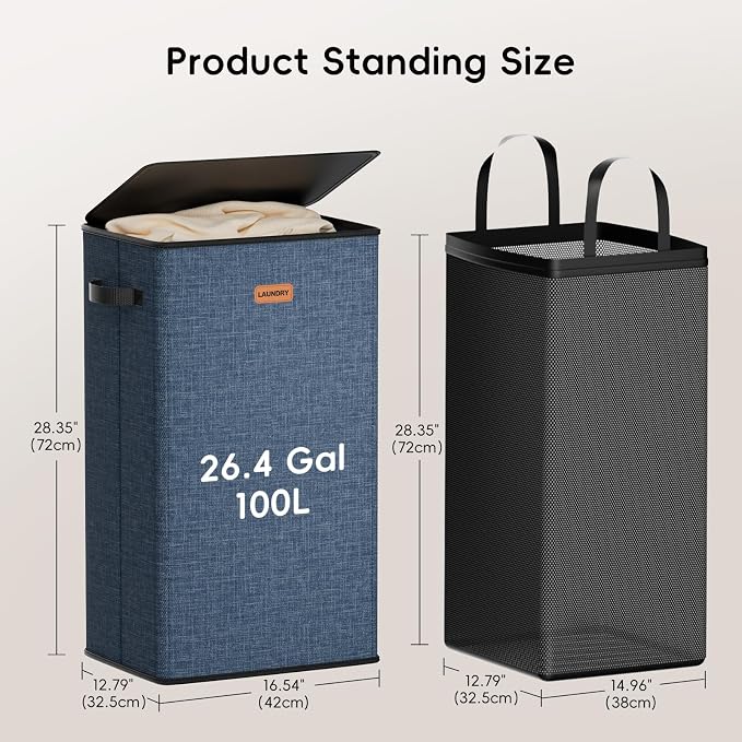 100L Laundry Hamper with Lid, Large Clothes Hampers with Removable Bag - Image 6
