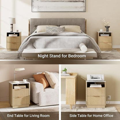 Fluted Night Stand with Charging Station, 2 Drawers End Table with Storage - Image 7