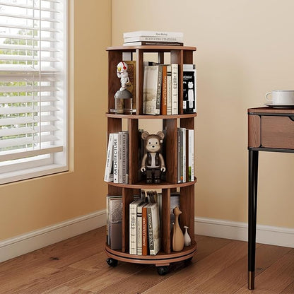 3-Tier Rotating Bookshelf on Wheels, 360° Spinning Bookshelf Tower, Round by LIMIRIX
