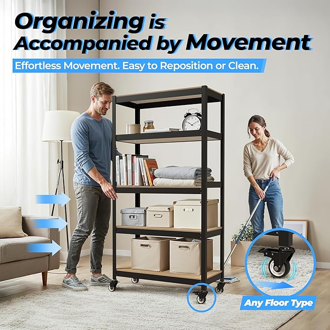 HOMEDANT House 5-Tier Metal Boltless Rolling Cart Shelf Rack Casters Heavy Duty - Image 6