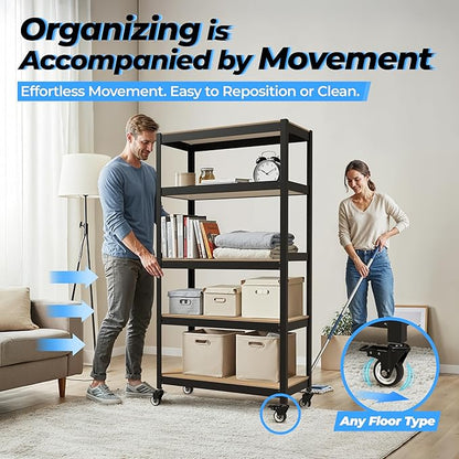 HOMEDANT House 5-Tier Metal Boltless Rolling Cart Shelf Rack Casters Heavy Duty - Image 6