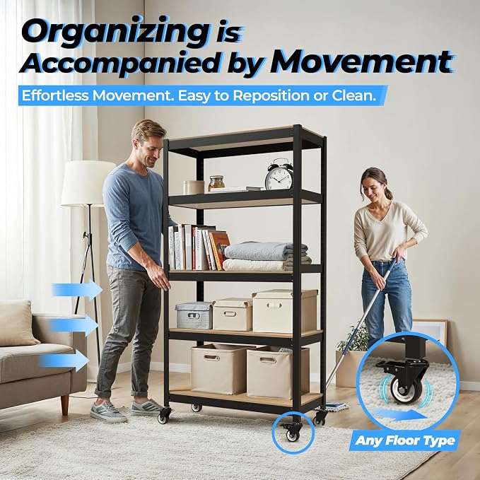 HOMEDANT House 5-Tier Metal Boltless Rolling Cart Shelf Rack Casters Heavy Duty - Image 6